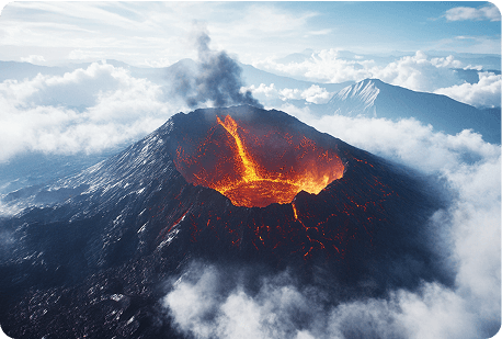 An active volcano erupting with lava surrounded by clouds and mountains in a dramatic landscape.